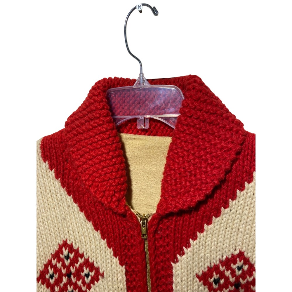 Vintage Mary Maxim Pueblo Indian Hand Knit Cowichan Sweater‎ Red Cream Zip XL - Picture 4 of 7